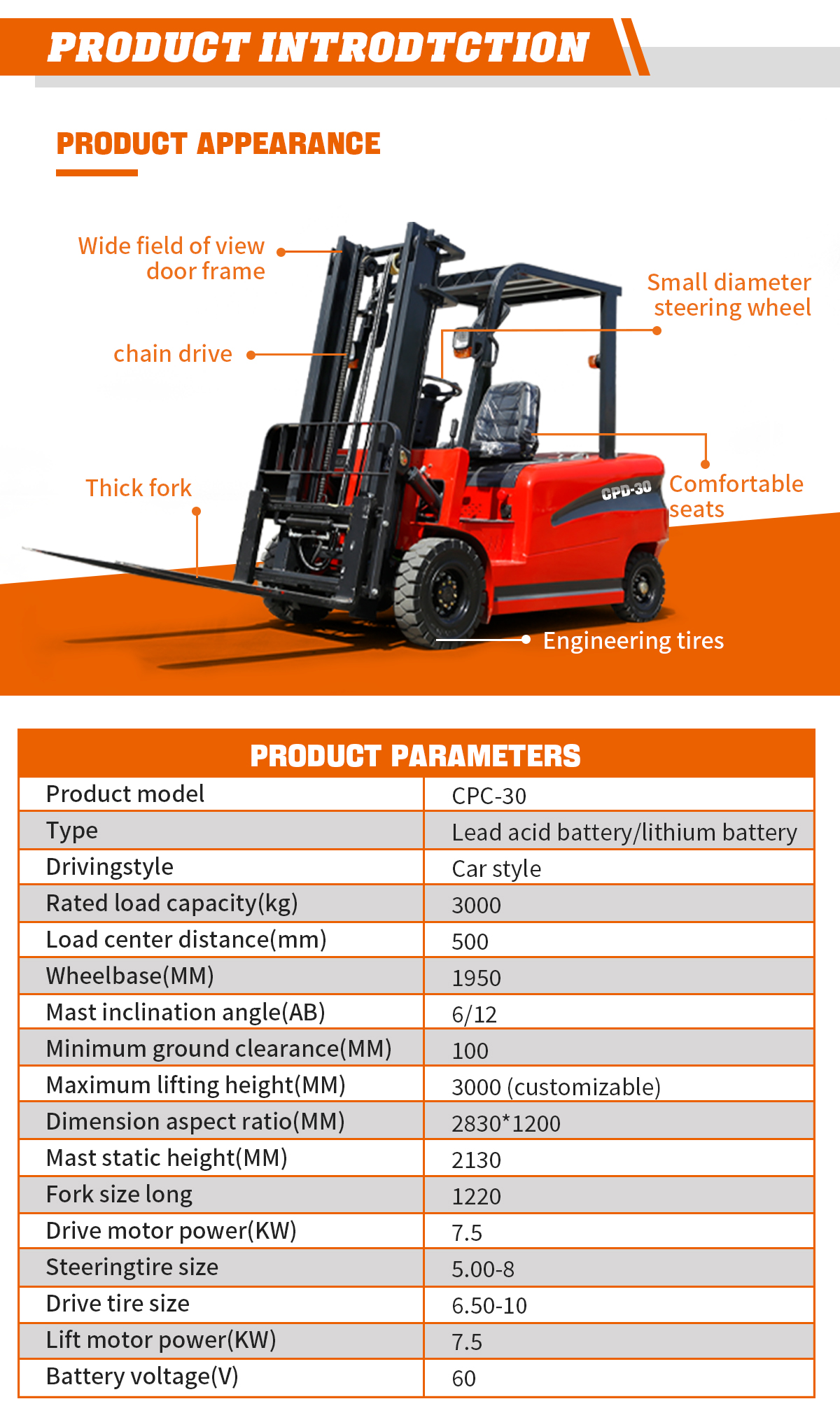 Chariot élévateur électrique de 3,0 tonnes à vendre